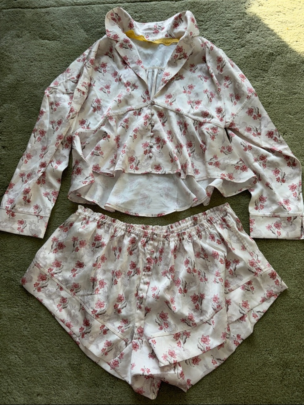 Free People White Pajama Set with Pink Floral Print